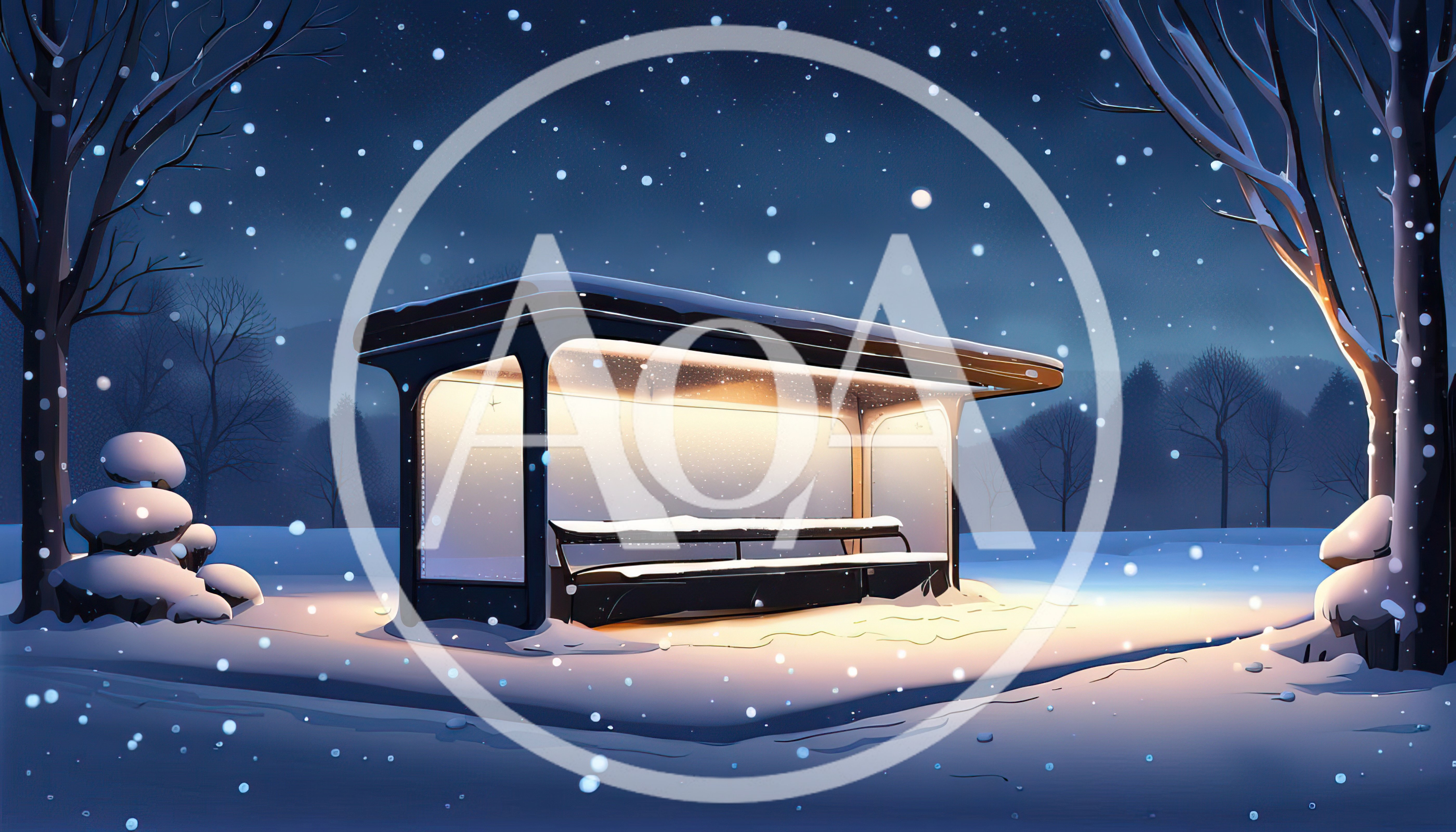 Illuminated Bus Stop In Snowy Winter Night