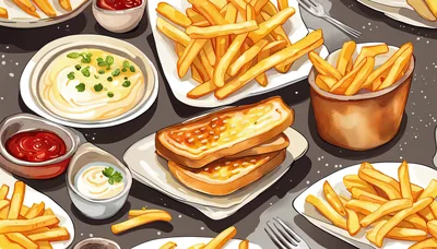 Assorted Fried Potatoes And Toasted Bread With Dips