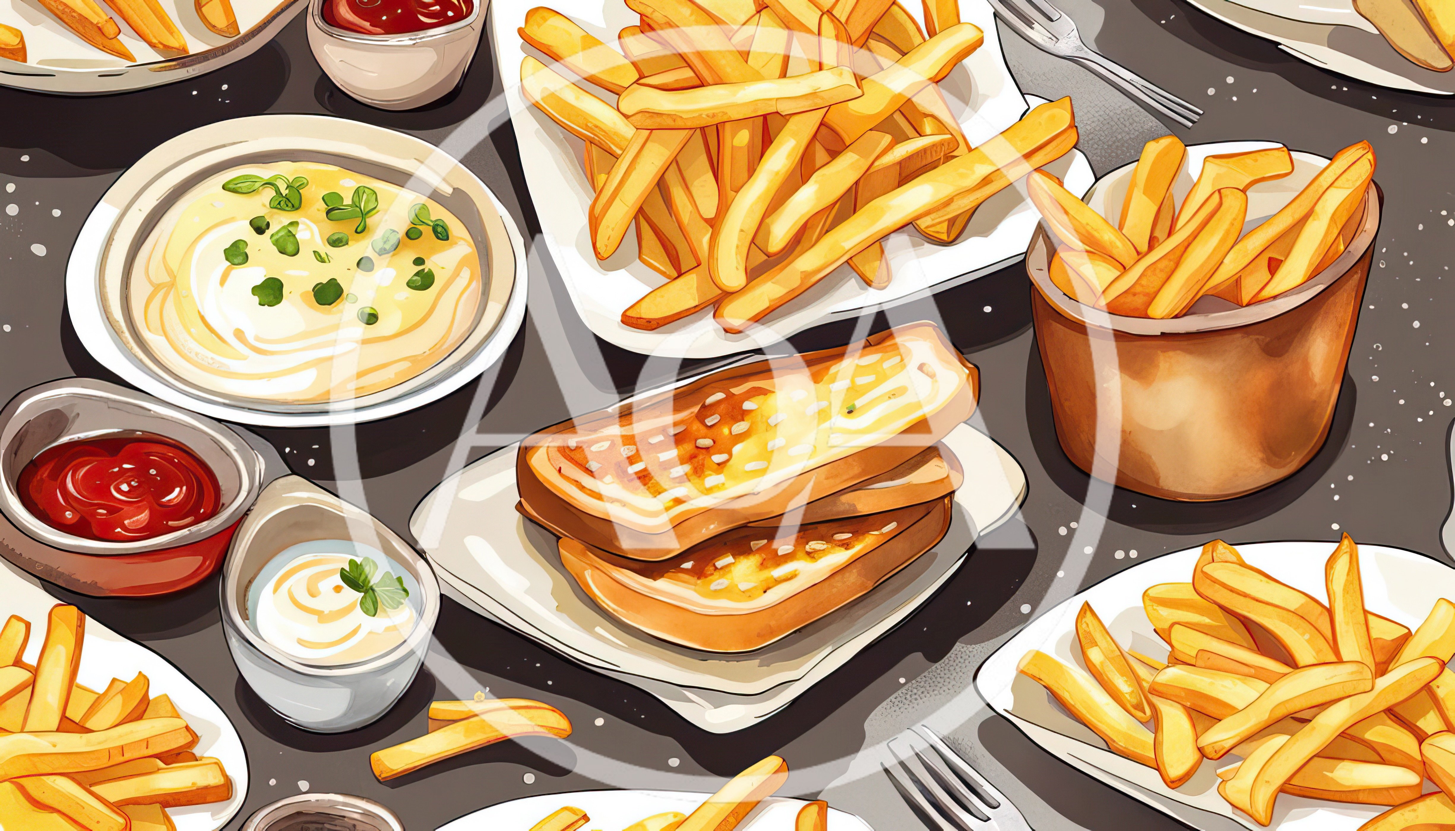Assorted Fried Potatoes And Toasted Bread With Dips