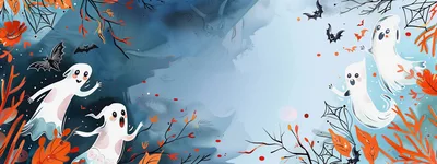 Cute Cartoon Ghosts Floating in Halloween Background