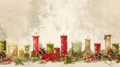 Christmas Candles With Pine Cones And Holly Berries