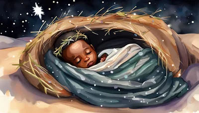 Baby Jesus Sleeping In A Manger Under Starry Sky