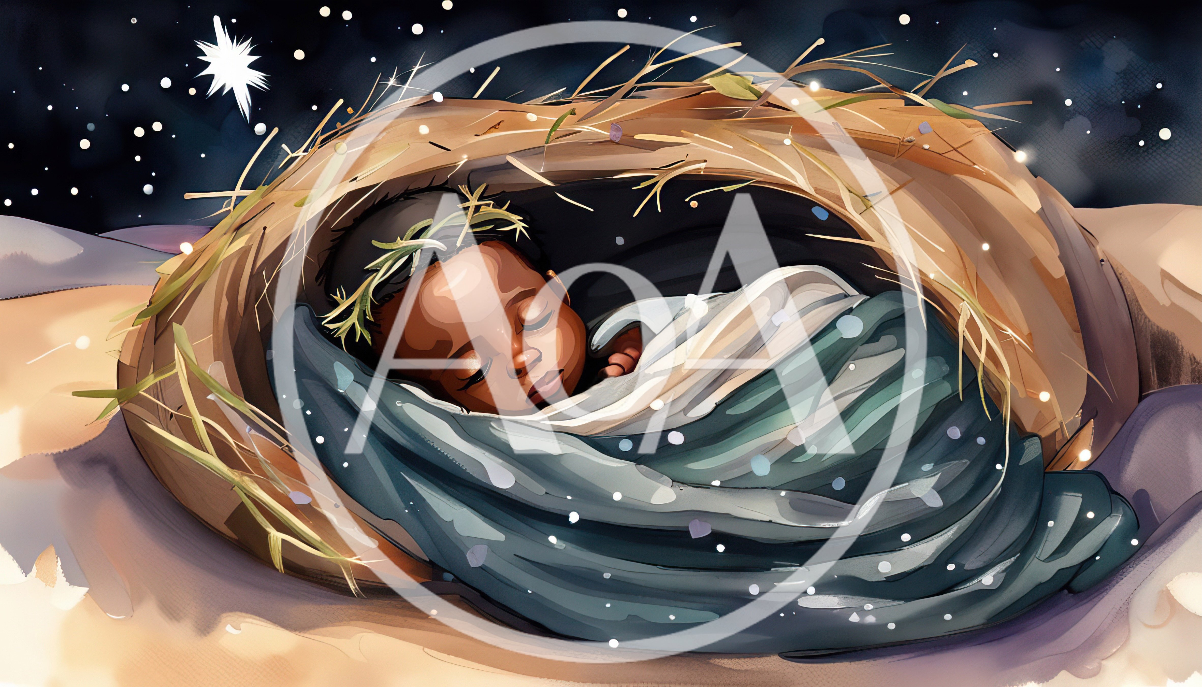 Baby Jesus Sleeping In A Manger Under Starry Sky