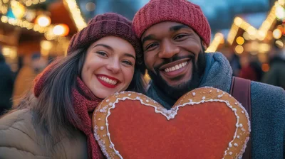 Happy Couple Holding Heart Shaped Gingerbread Cookie
