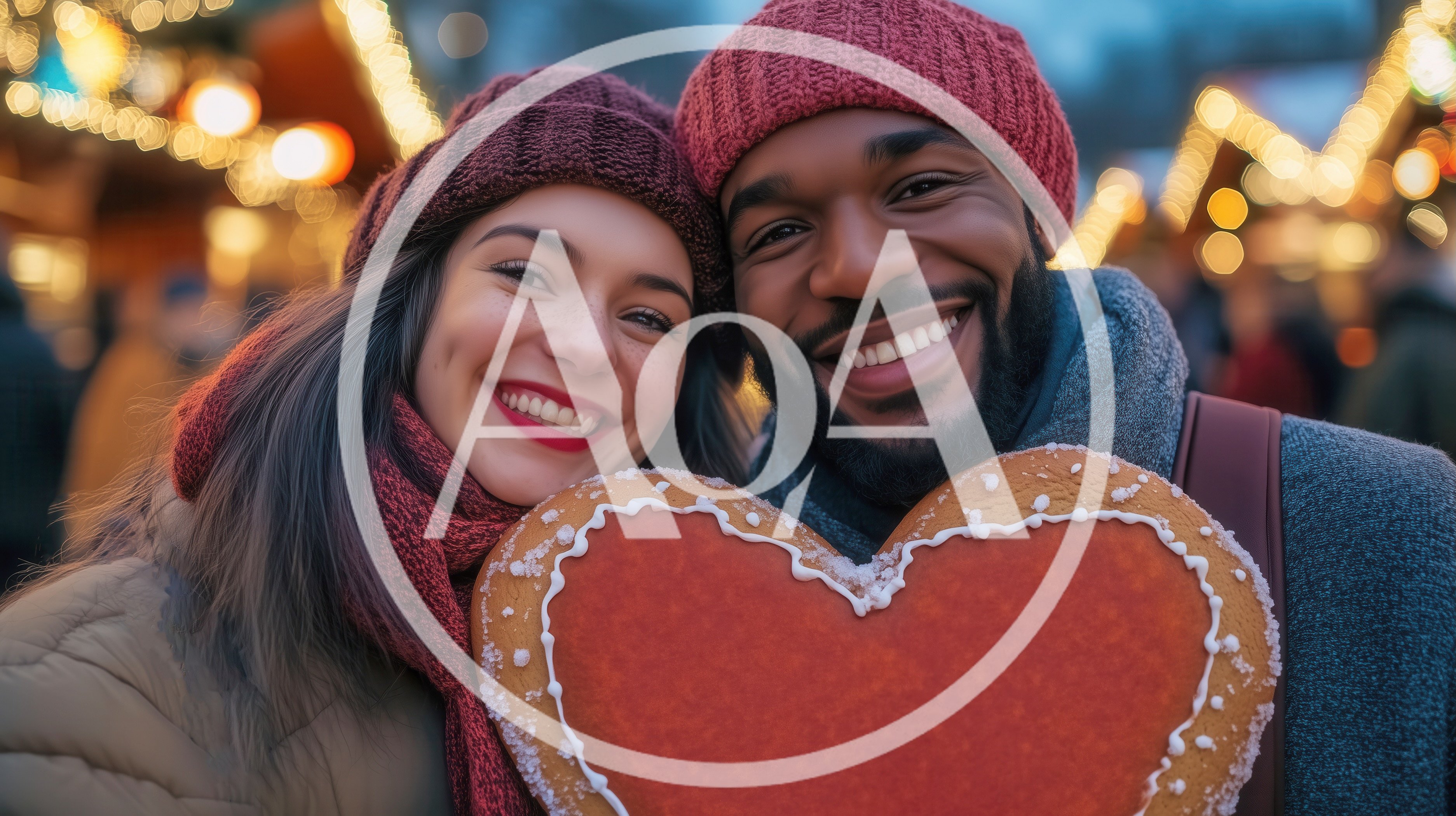 Happy Couple Holding Heart Shaped Gingerbread Cookie