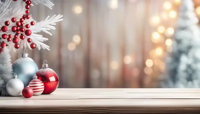 Christmas Ornaments On A Wooden Table