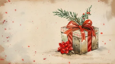 Vintage Christmas Gift Box With Red Ribbon
