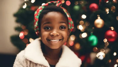 Young African American Girl Smiling In Front Of Christmas Tree