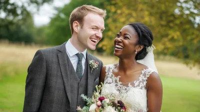 Happy Interracial Newlyweds Laughing Together Outdoors
