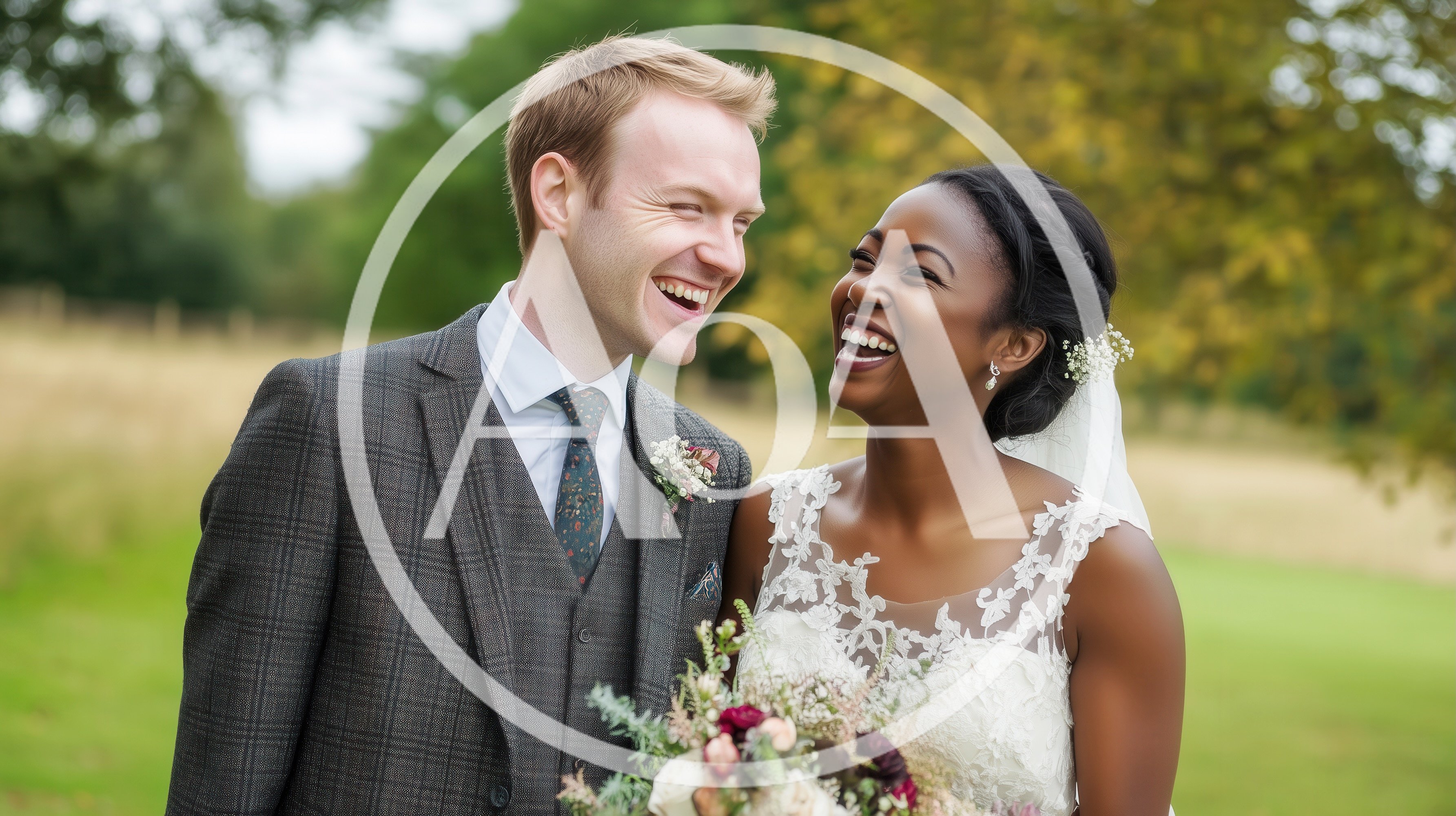 Happy Interracial Newlyweds Laughing Together Outdoors