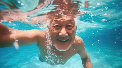 Senior Asian Man Taking Underwater Selfie in Swimming Pool