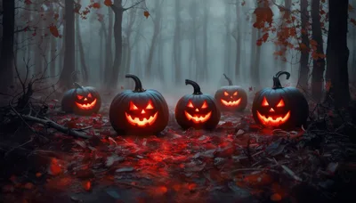 Glowing Jack O Lanterns In A Misty Forest