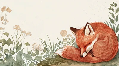 Sleeping Red Fox Illustration In Botanical Setting