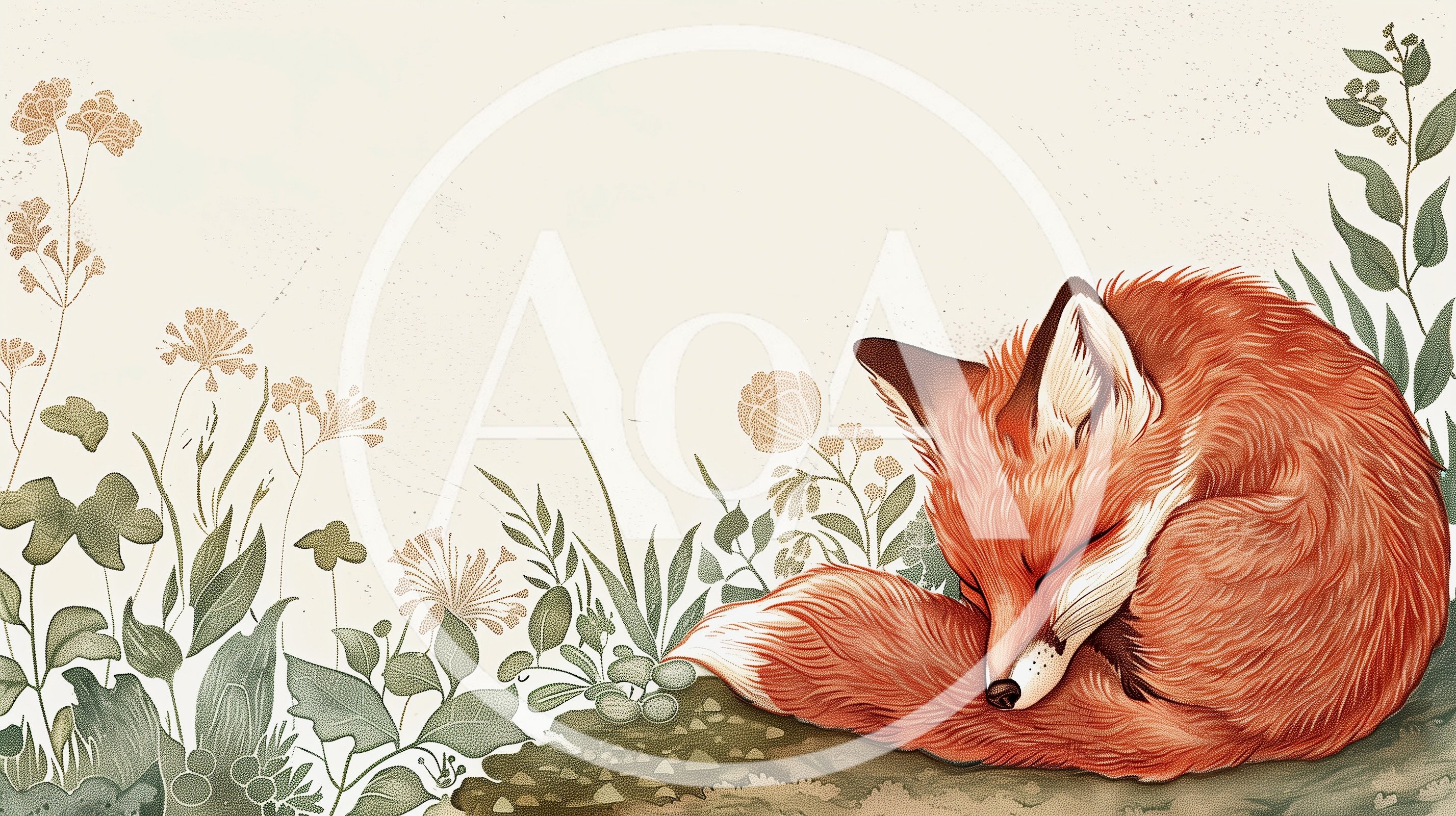 Sleeping Red Fox Illustration In Botanical Setting