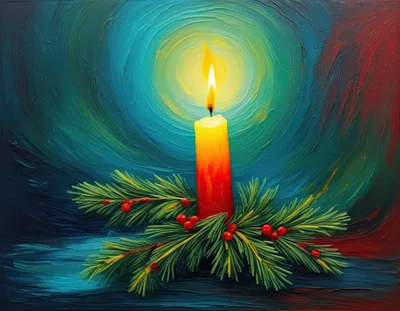 Christmas Candle With Pine Branches And Red Berries