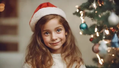 Young Girl Wearing Santa Hat Near Christmas Tree