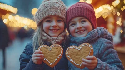 Two Happy Children Holding Heart Shaped Gingerbread Cookies