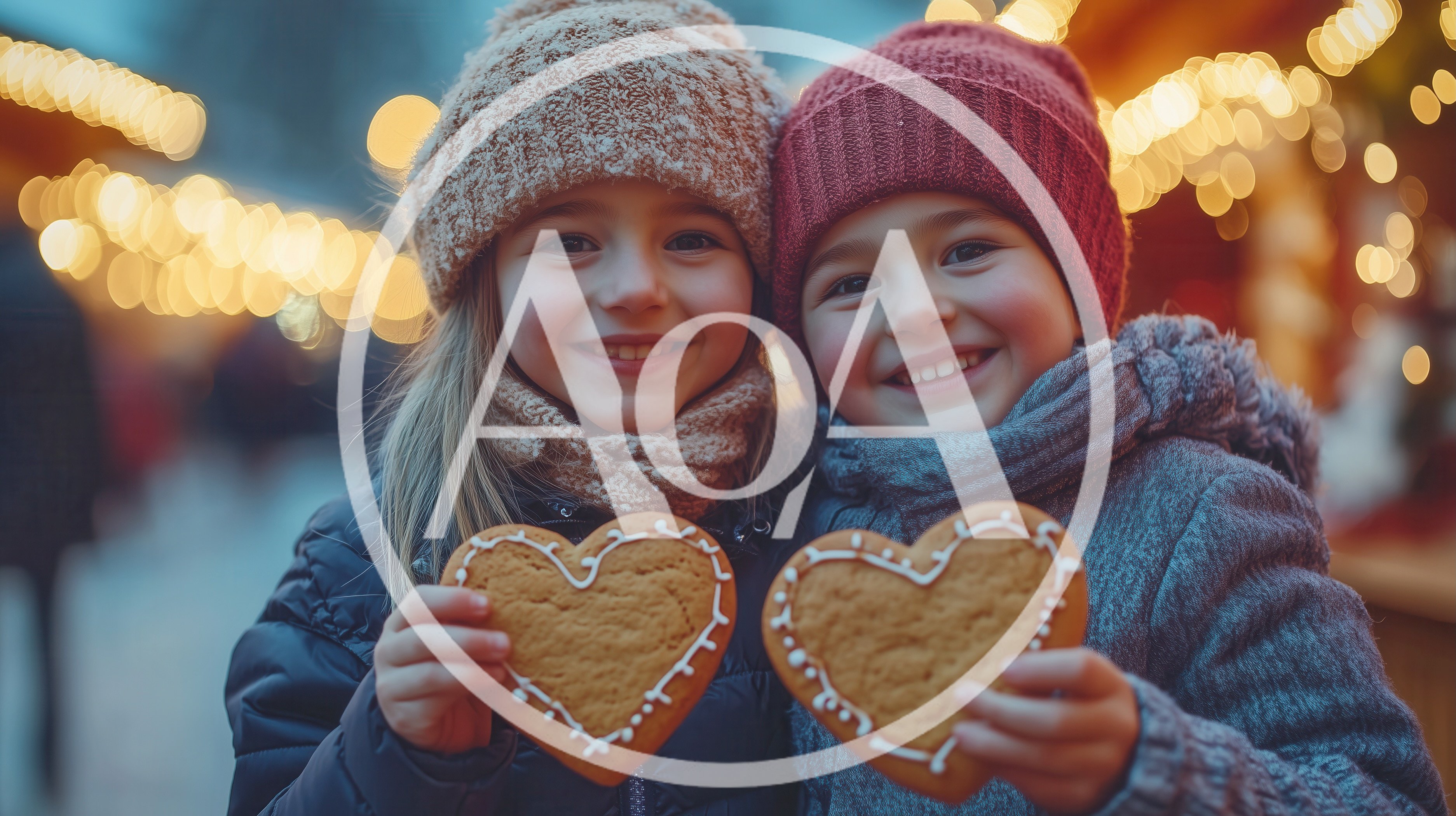 Two Happy Children Holding Heart Shaped Gingerbread Cookies