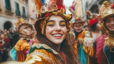 Young Woman Taking Selfie at Venetian Carnival