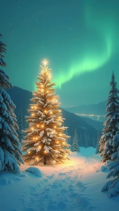 Illuminated Christmas Tree Under Northern Lights