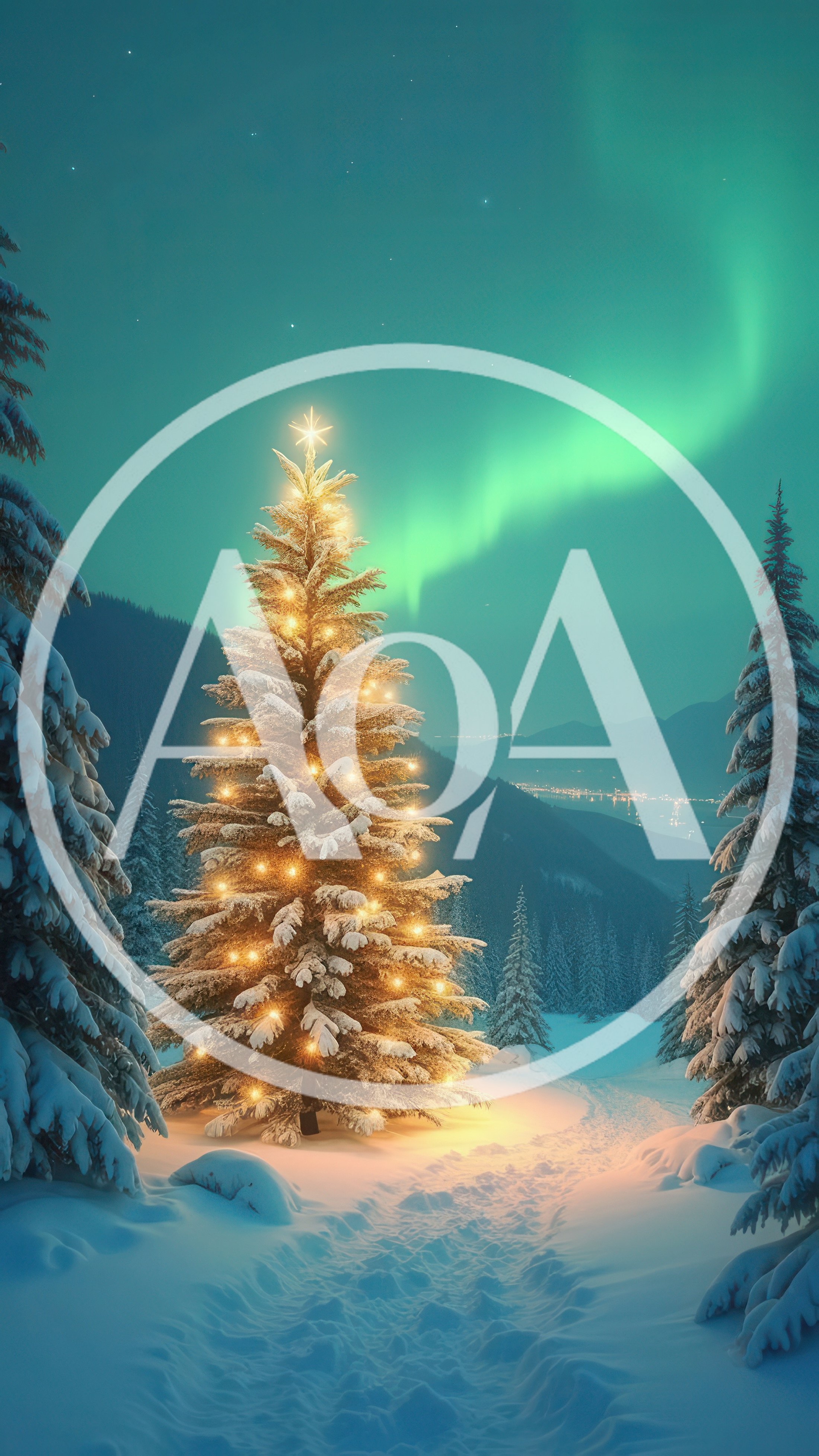 Illuminated Christmas Tree Under Northern Lights