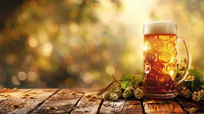 Glass Mug Of Beer With Hops On Wooden Table