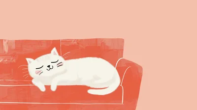White Cat Sleeping On A Red Sofa