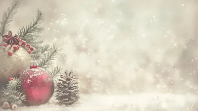 Christmas Ornaments and Pinecone on Snowy Background