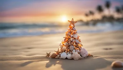 Seashell Christmas Tree On A Tropical Beach At Sunset