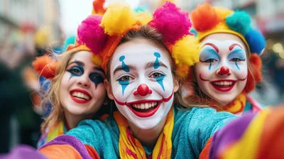 Three Young Women Wearing Clown Makeup Taking A Selfie