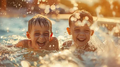 Two Happy Boys Playing In A Swimming Pool