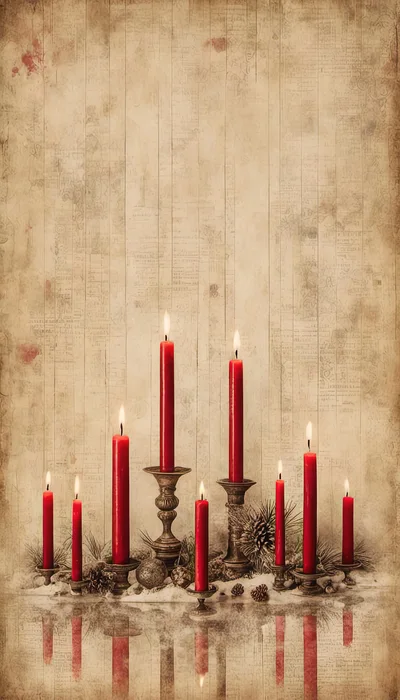 Red Christmas Candles With Pine Cones On Vintage Background
