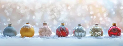 Six Decorative Christmas Ornaments Resting In Fresh Snow