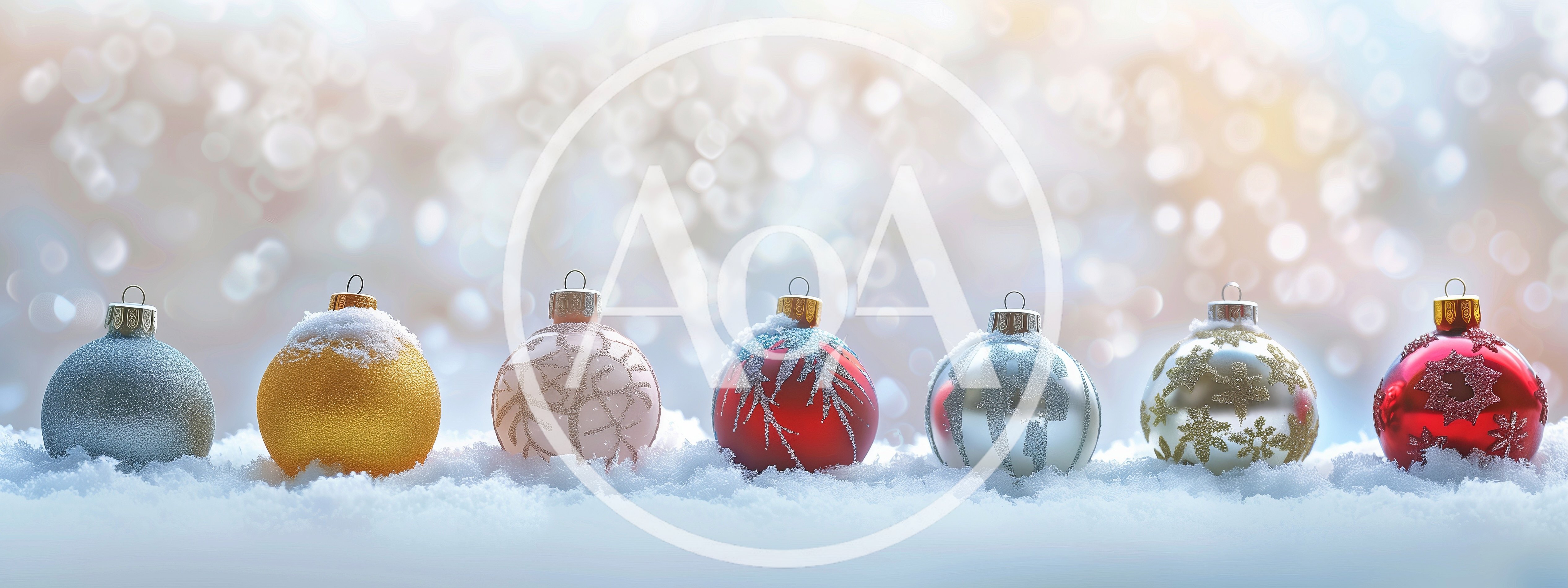 Six Decorative Christmas Ornaments Resting In Fresh Snow