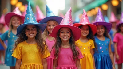 Group of Young Girls Wearing Colorful Witch Costumes