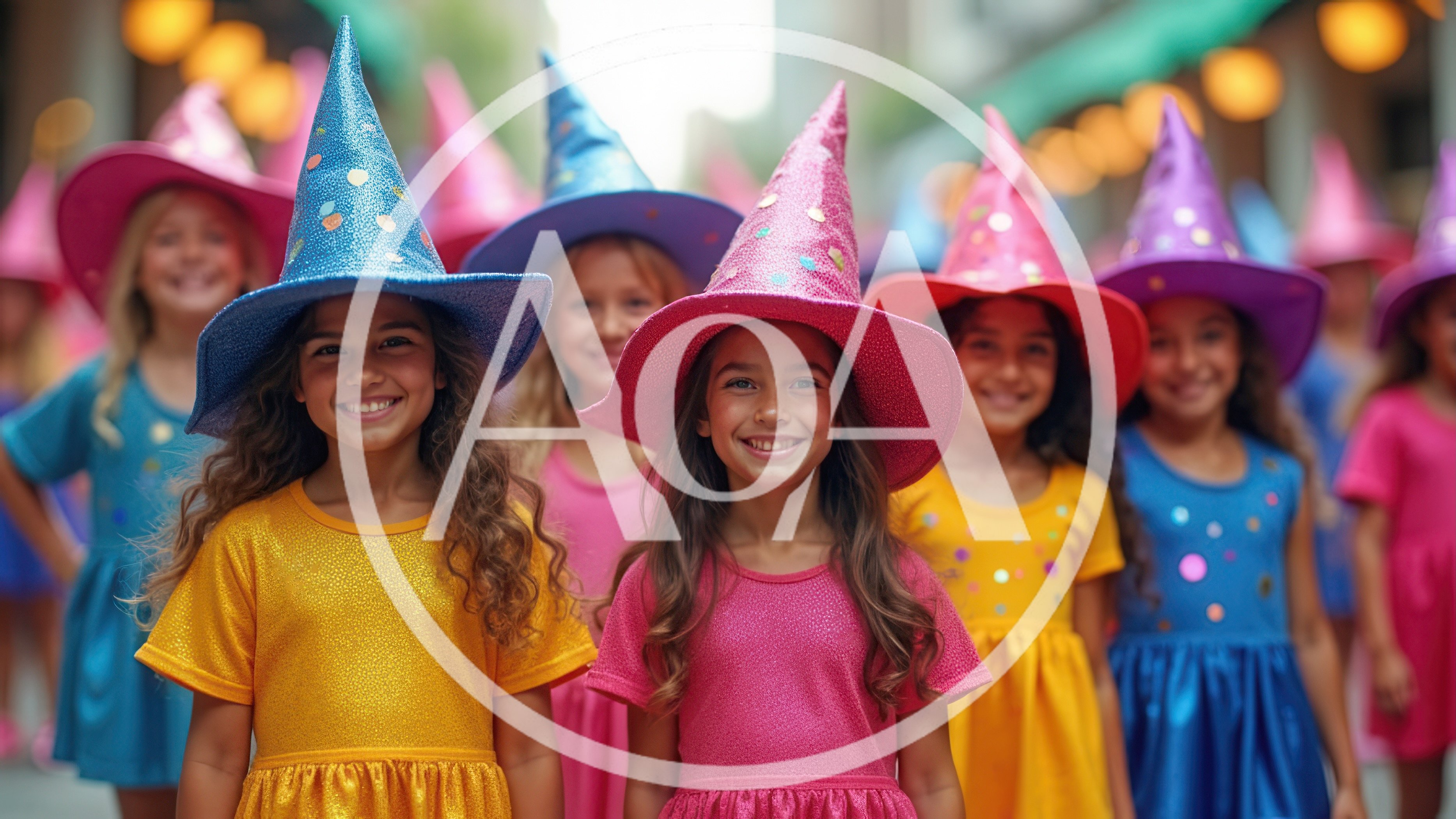 Group of Young Girls Wearing Colorful Witch Costumes