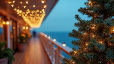 Christmas Tree Decorated With Lights On Cruise Ship Deck