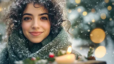 Young Woman With Curly Hair In Snowy Winter Setting