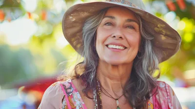 Portrait Of A Smiling Mature Woman In A Sun Hat