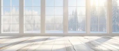 Bright Empty Room With Large Windows Overlooking Snowy Forest