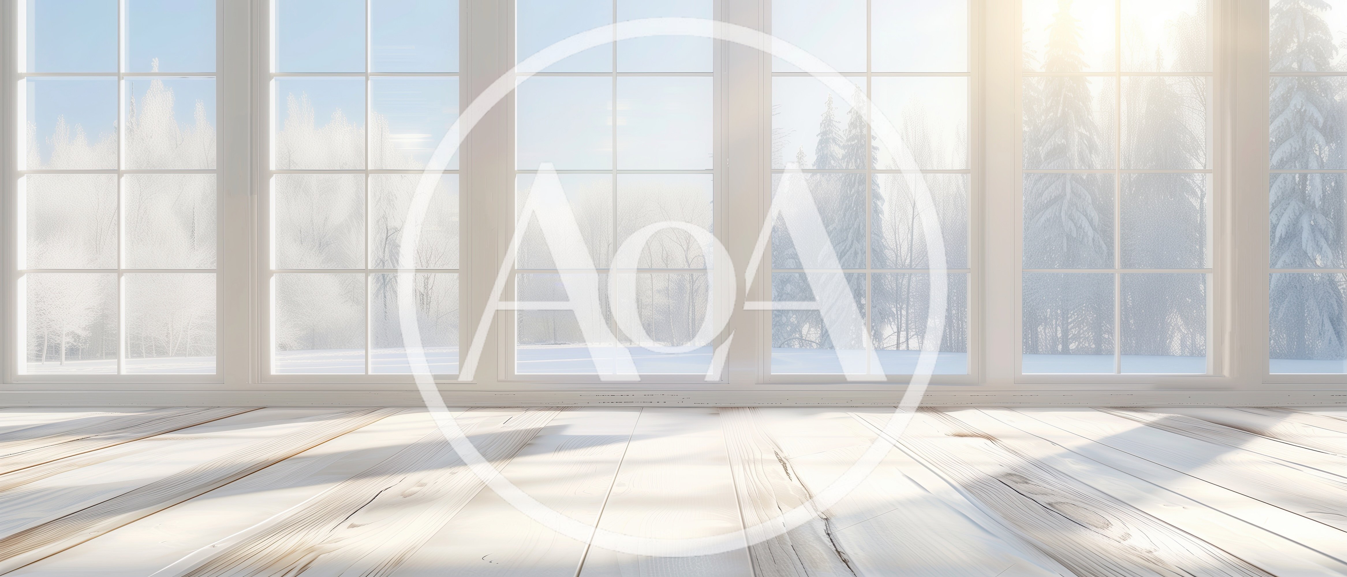 Bright Empty Room With Large Windows Overlooking Snowy Forest