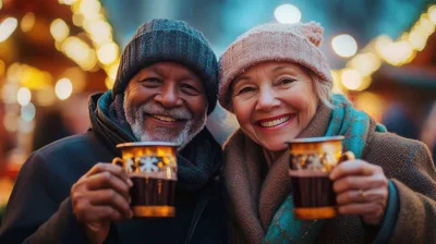 Happy Senior Couple Enjoying Hot Drinks at Christmas Market
