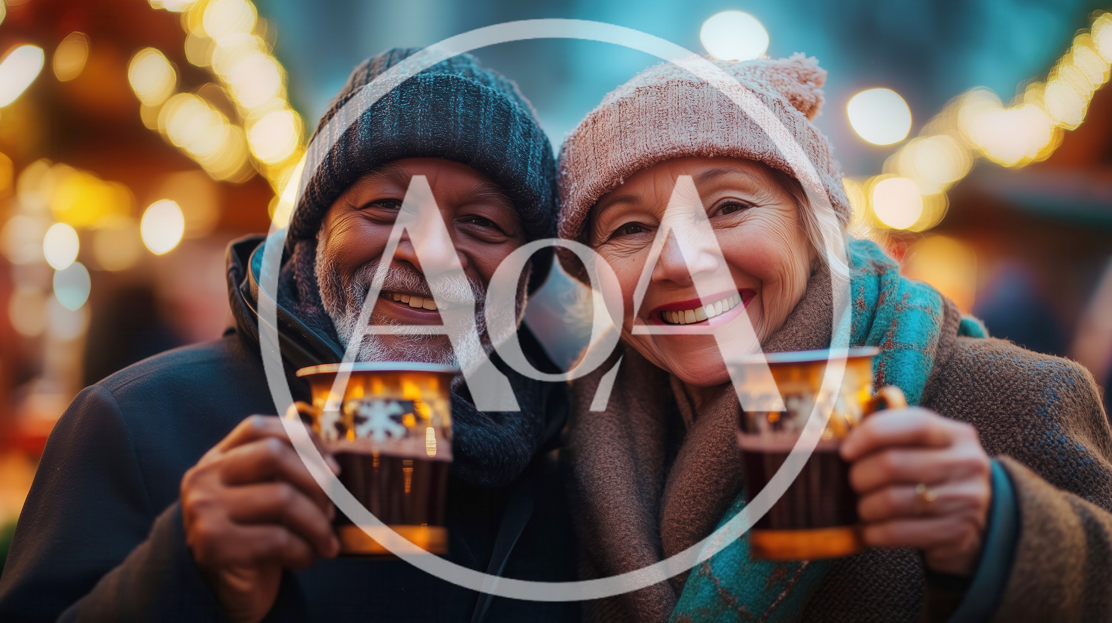 Happy Senior Couple Enjoying Hot Drinks at Christmas Market