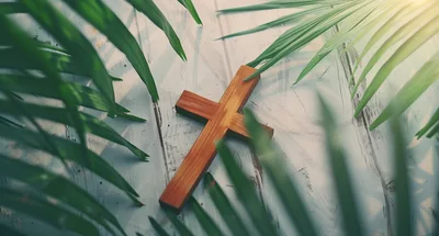 Wooden Christian Cross Surrounded By Palm Leaves