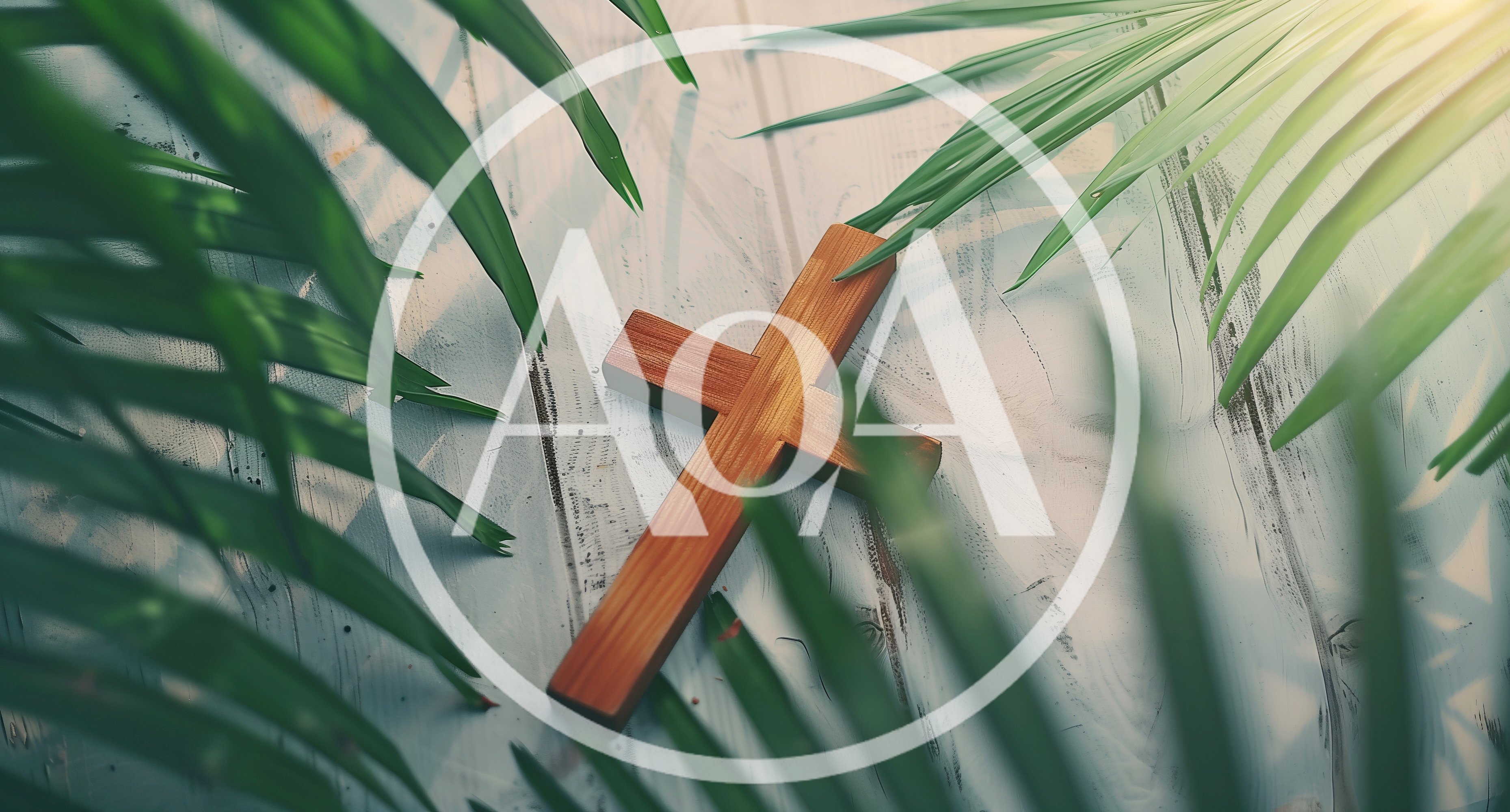 Wooden Christian Cross Surrounded By Palm Leaves