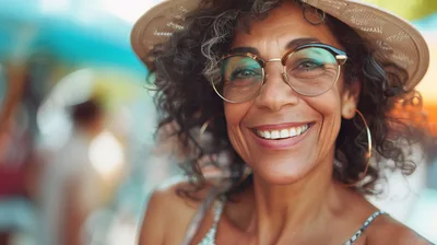 Smiling Mature Woman Wearing Hat And Glasses Outdoors