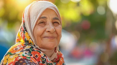 Portrait of an Elderly Woman Wearing a Floral Hijab