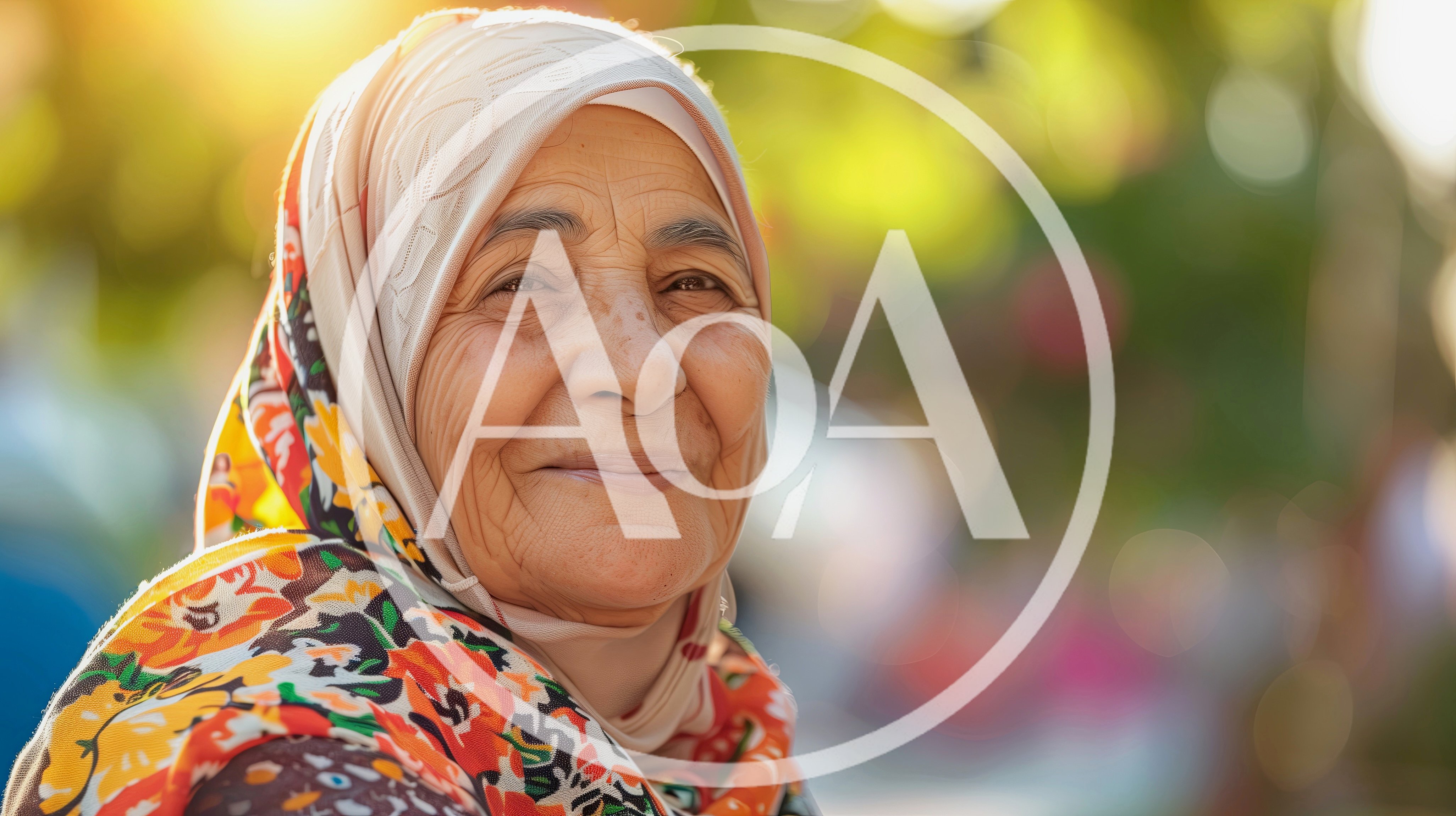 Portrait of an Elderly Woman Wearing a Floral Hijab