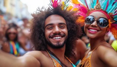 Happy Couple Taking Selfie at Vibrant Carnival Parade