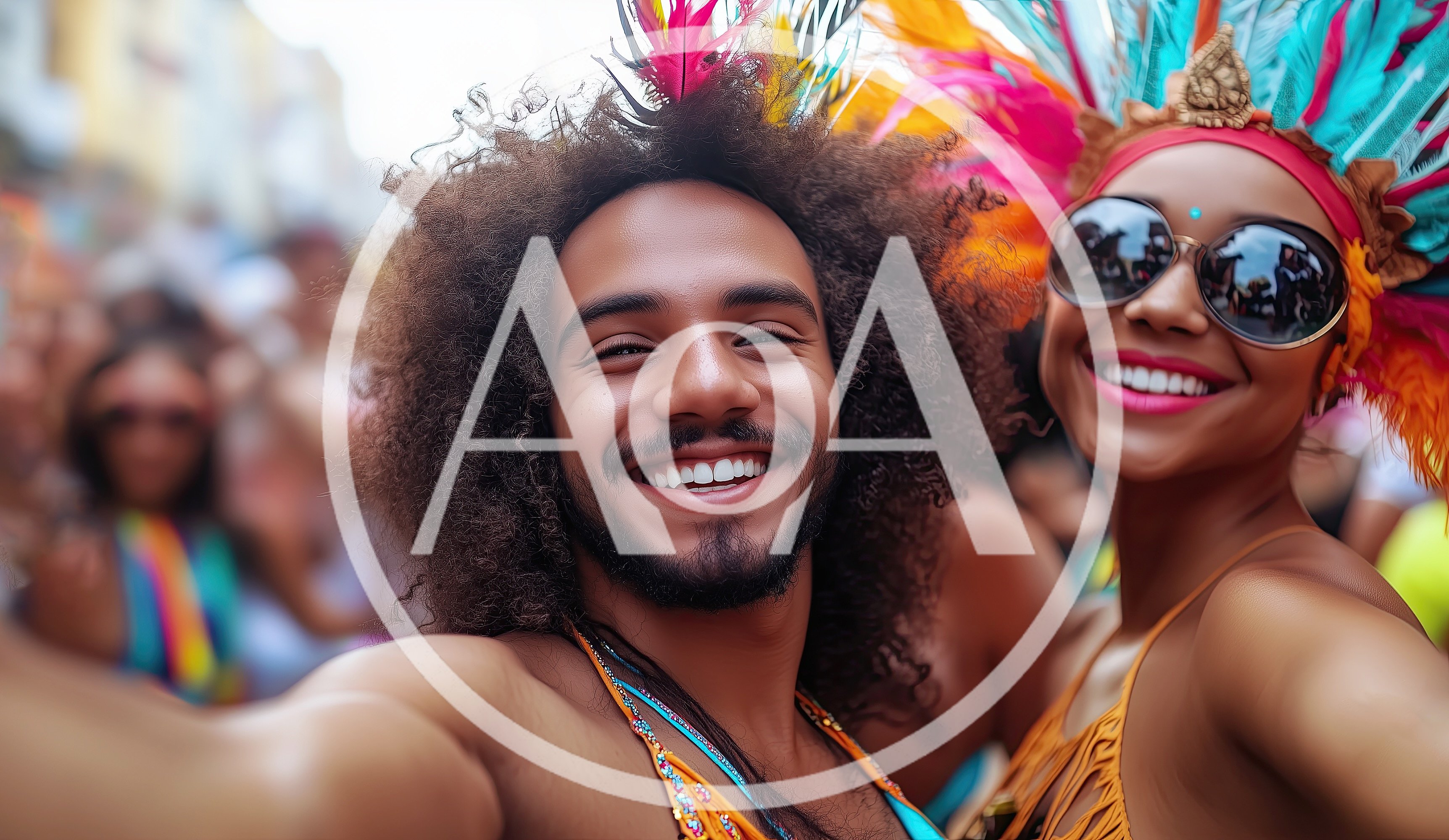 Happy Couple Taking Selfie at Vibrant Carnival Parade